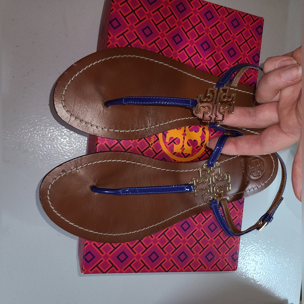 Tory Burch Designer Melinda Blue T Strap Sandals Slingback Flat 8.5 - Picture 2 of 11
